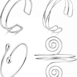 4PCS Upper Arm Cuff Bracelets for Women Gold Silver Cuff Bangle Bracelet Adjusta